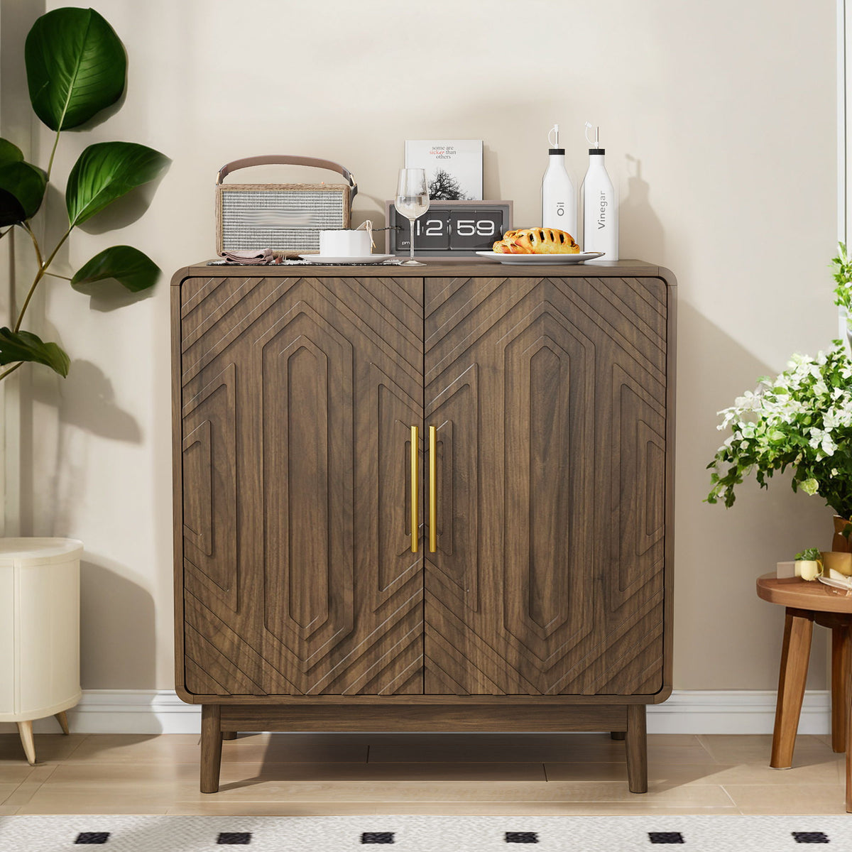 Sideboard Buffet Cabinet With Carved 2 Doors And Adjustable Layer Board For Living Room And Kitchen - Walnut