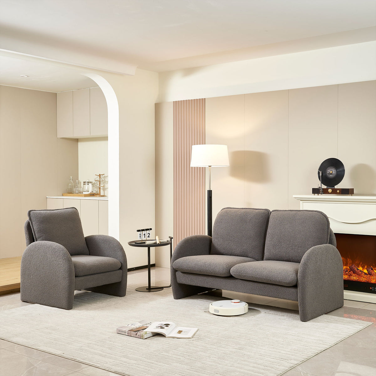 Loveseat Sofa Small Couch For Living Room, Sherpa Fabric Upholstered Loveseat Sofa Couch, Small Loveseat Sofa For Apartment, Bedroom - Gray