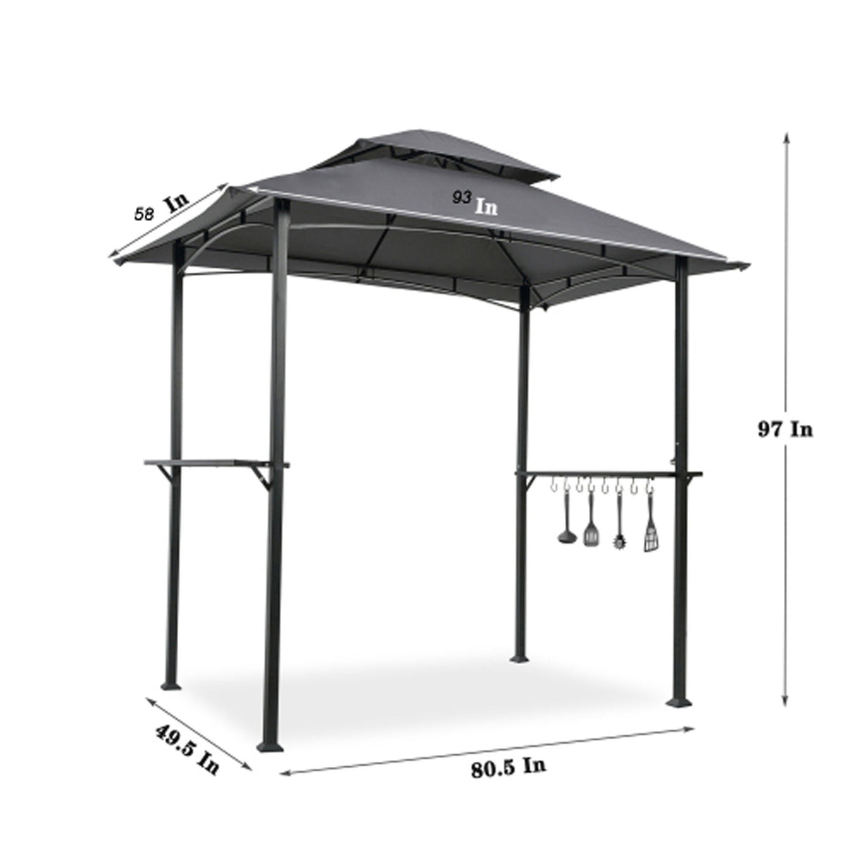 Outdoor Grill Gazebo 8 X 5 Ft With Double Tier Soft Top Canopy, Steel Frame, Bar Counters & Hook Metal - Khaki