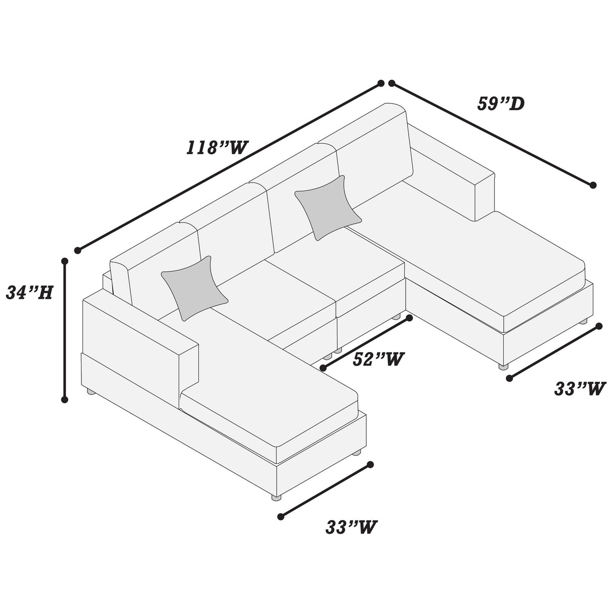 U-Shaped Sectional Set With Cushion Back Armless Chairs Right And Left Arm Chaise
