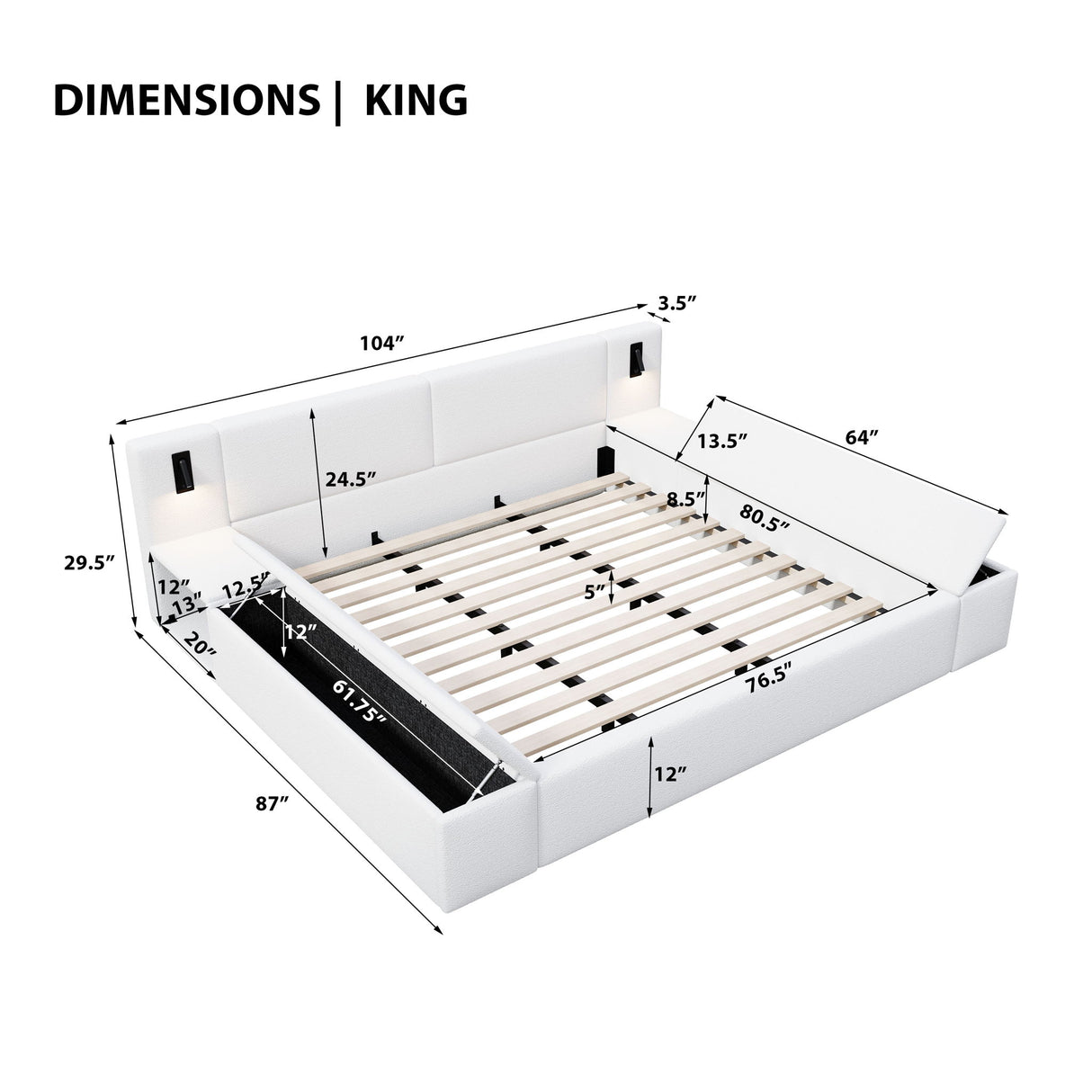 Upholstered Platform Bed Frame With Hidden Storage, Built-In Nightstands & LED Reading Lights