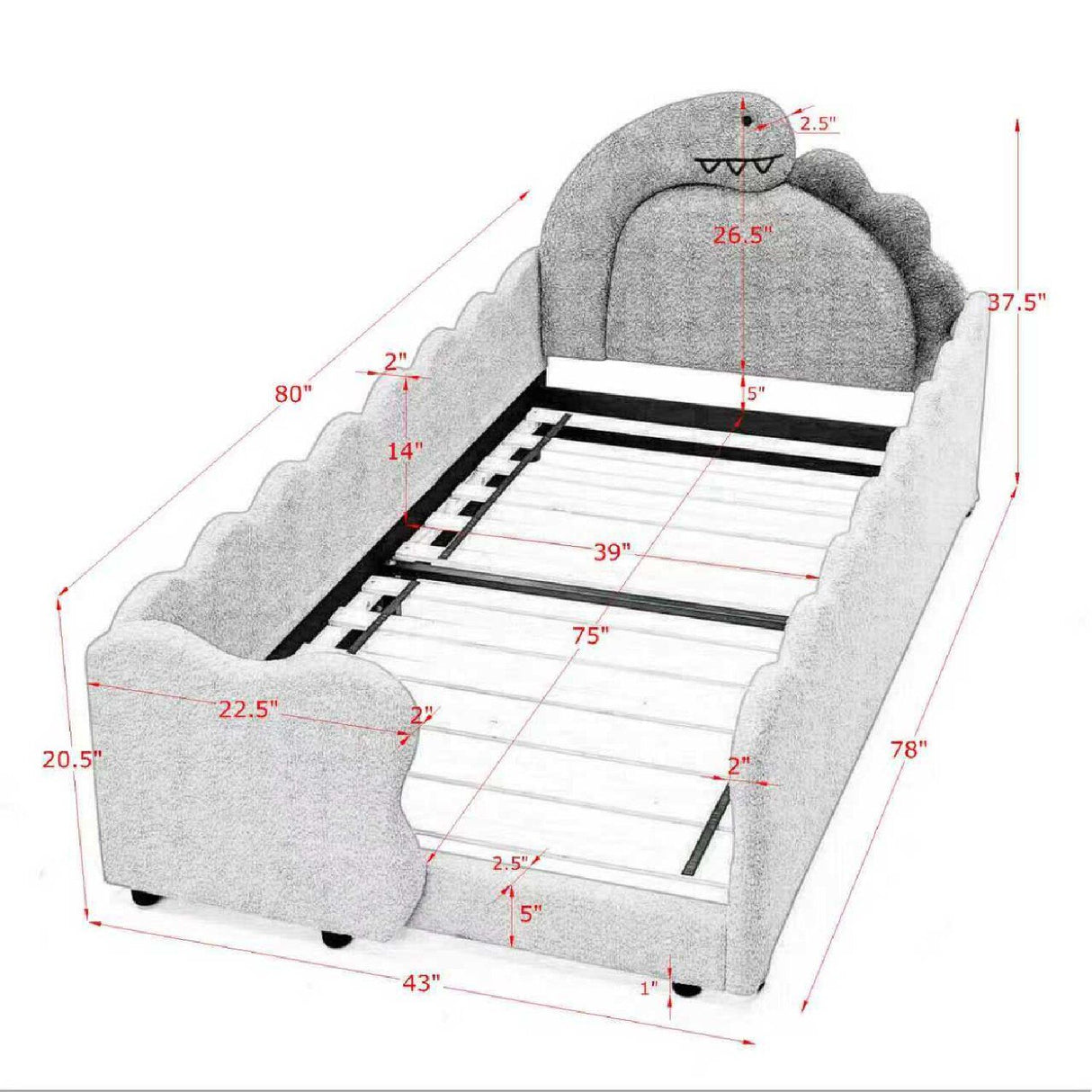 Cute Dinosaur Shaped Bed With Safety Guardrail, Toddler Frame