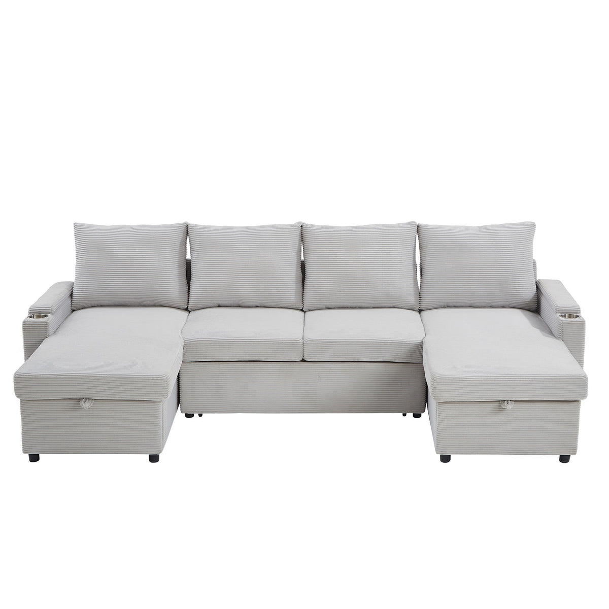U Shaped Sectional Sofa Bed With Storage Chaise Lounges, USB Ports, And Cup Holders