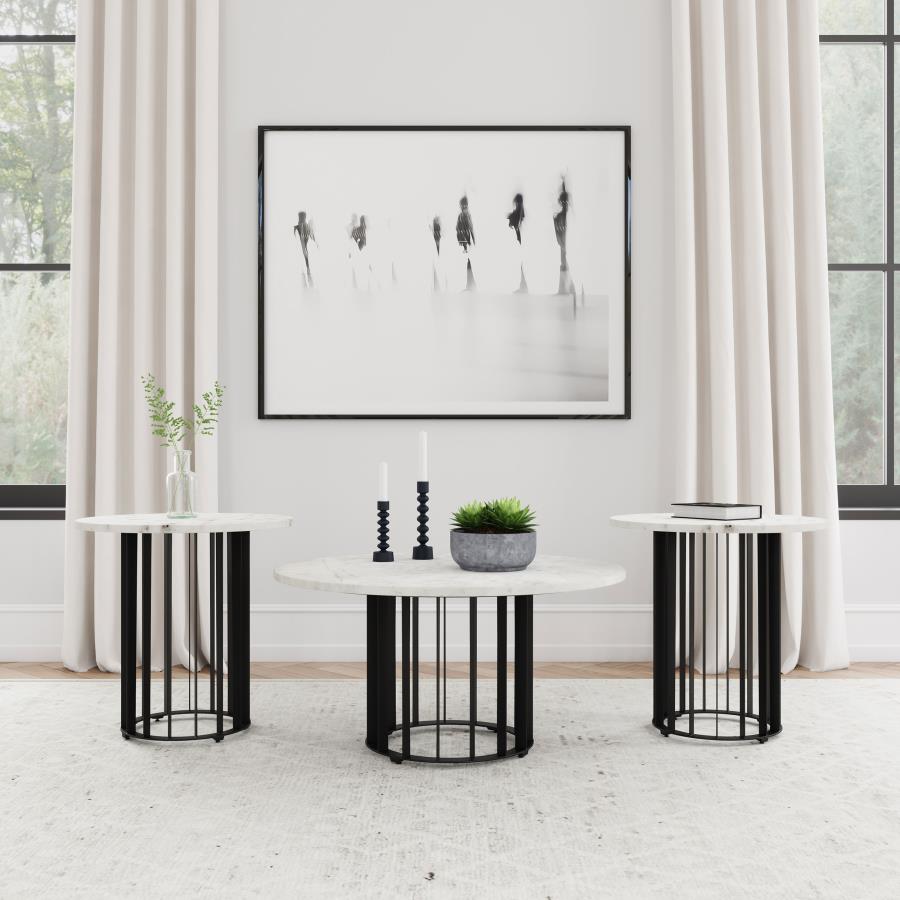 Haven 3-piece Round Marble Coffee and End Table Set Black - 706208-S3
