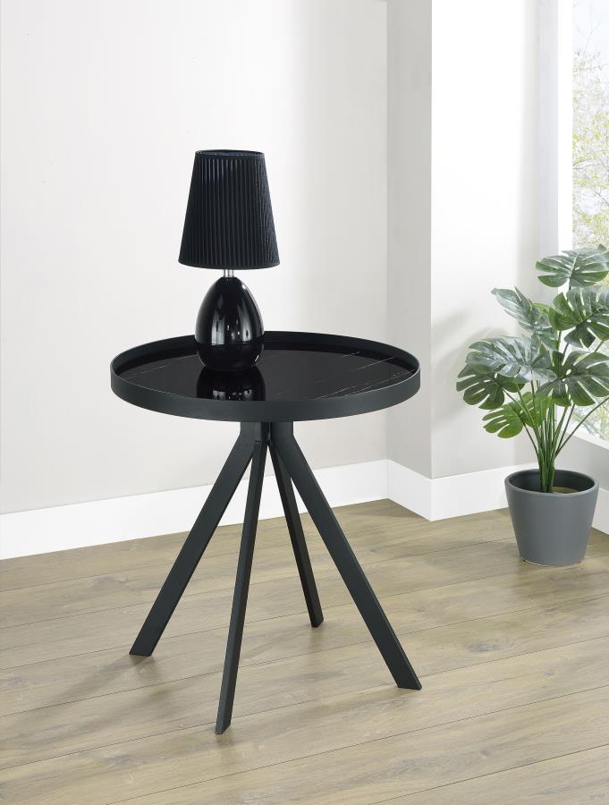 Briggs Round Marble Printed Glass Top End Table Black - 706267