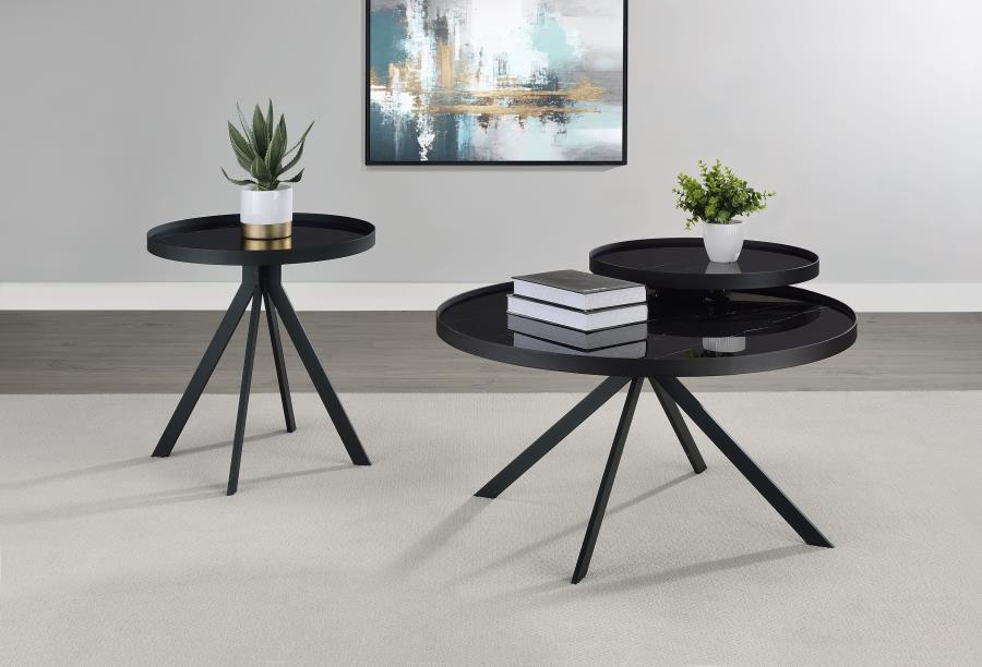 Briggs Round Marble Printed Glass Top Coffee Table Black - 706268