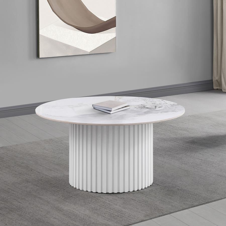 Rowena Round Sintered Stone Coffee Table White Faux Marble - 708338