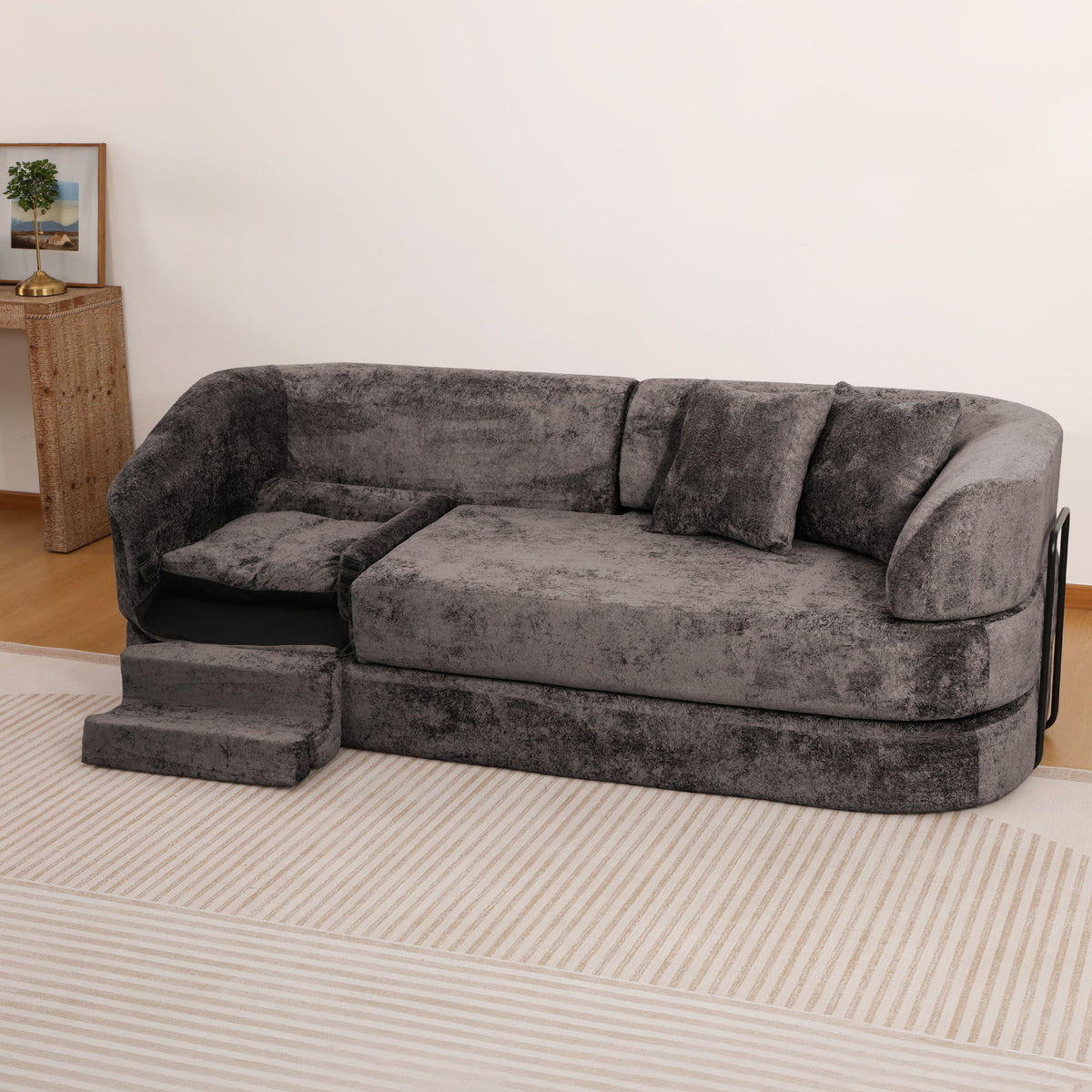 3 Seater Sofa With Built In Pet Bed Nook, Curved Design And 2 Throw Pillows
