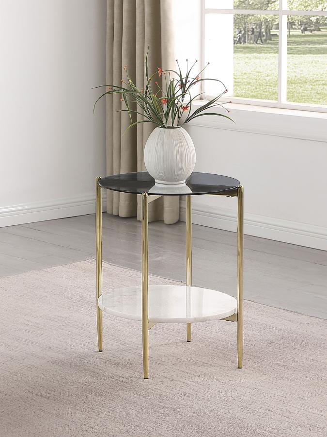 Jonelle Round Glass Top End Table White Marble Shelf Gold - 710337