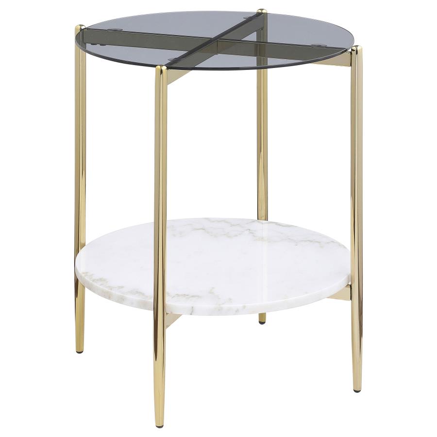 Jonelle Round Glass Top End Table White Marble Shelf Gold - 710337