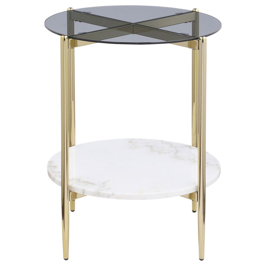 Jonelle Round Glass Top End Table White Marble Shelf Gold - 710337
