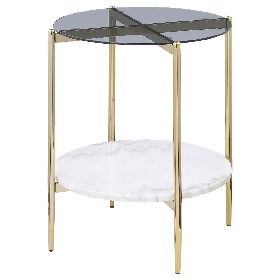 Jonelle Round Glass Top End Table White Marble Shelf Gold - 710337