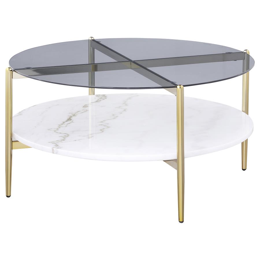 Jonelle Round Glass Top Coffee Table White Marble Shelf Gold - 710338