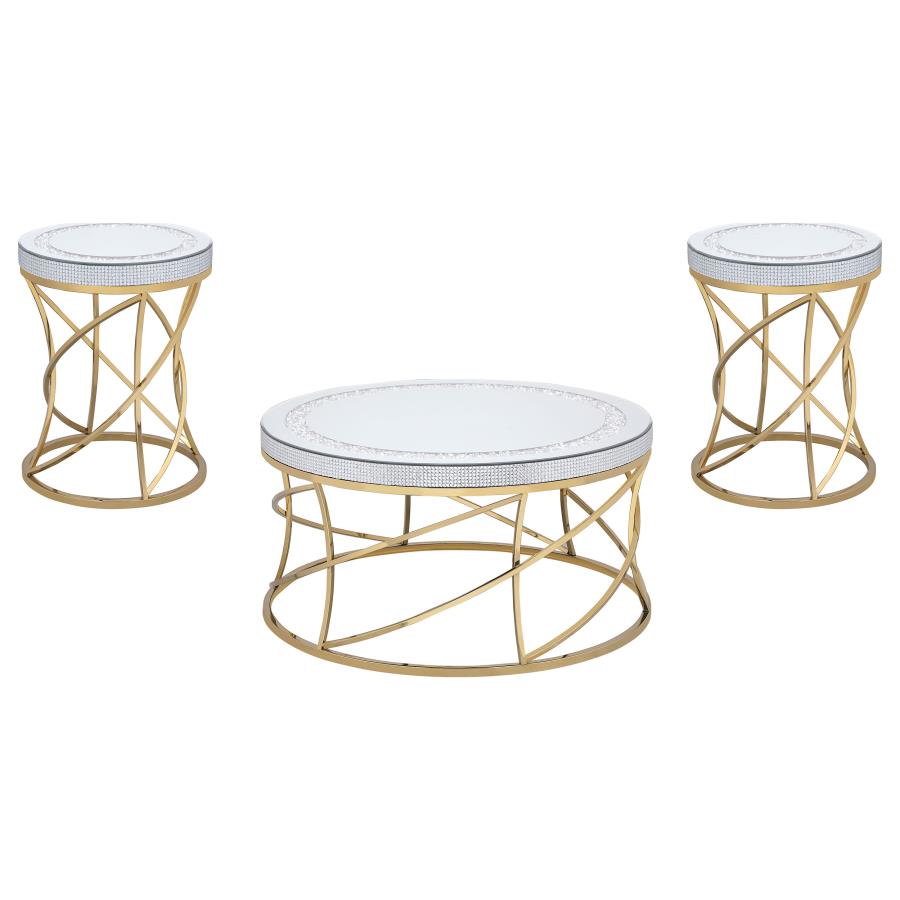Elise 3-piece Round Mirror Top Coffee and End Table Set Gold - 710368-S3