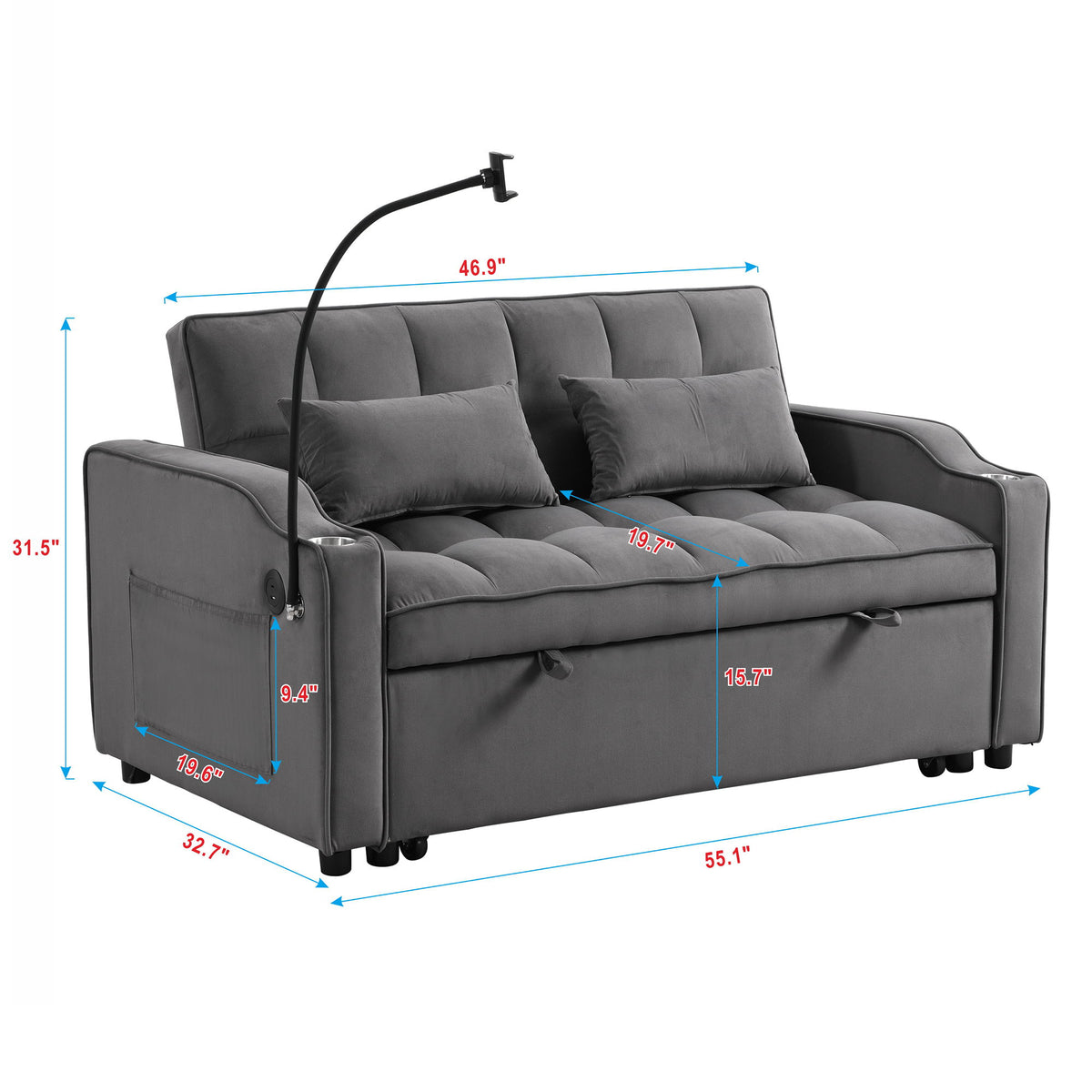 Sofa Bed With Trundle For Small Rooms - Dark Gray
