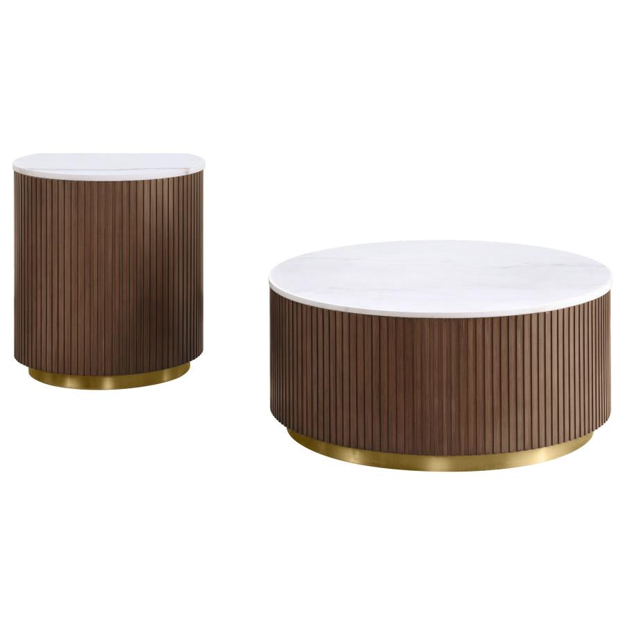 Jason 2-piece Round White Marble Coffee Table Set Honey Brown - 712418-S2