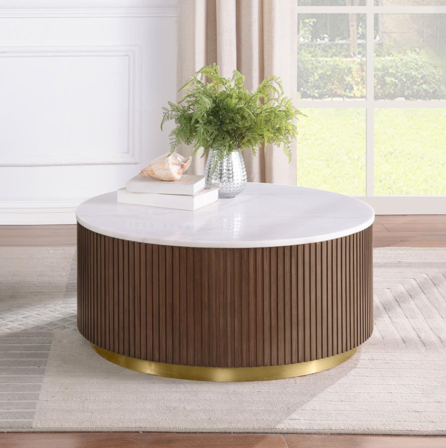 Jason Round White Marble Top Coffee Table Honey Brown - 712418