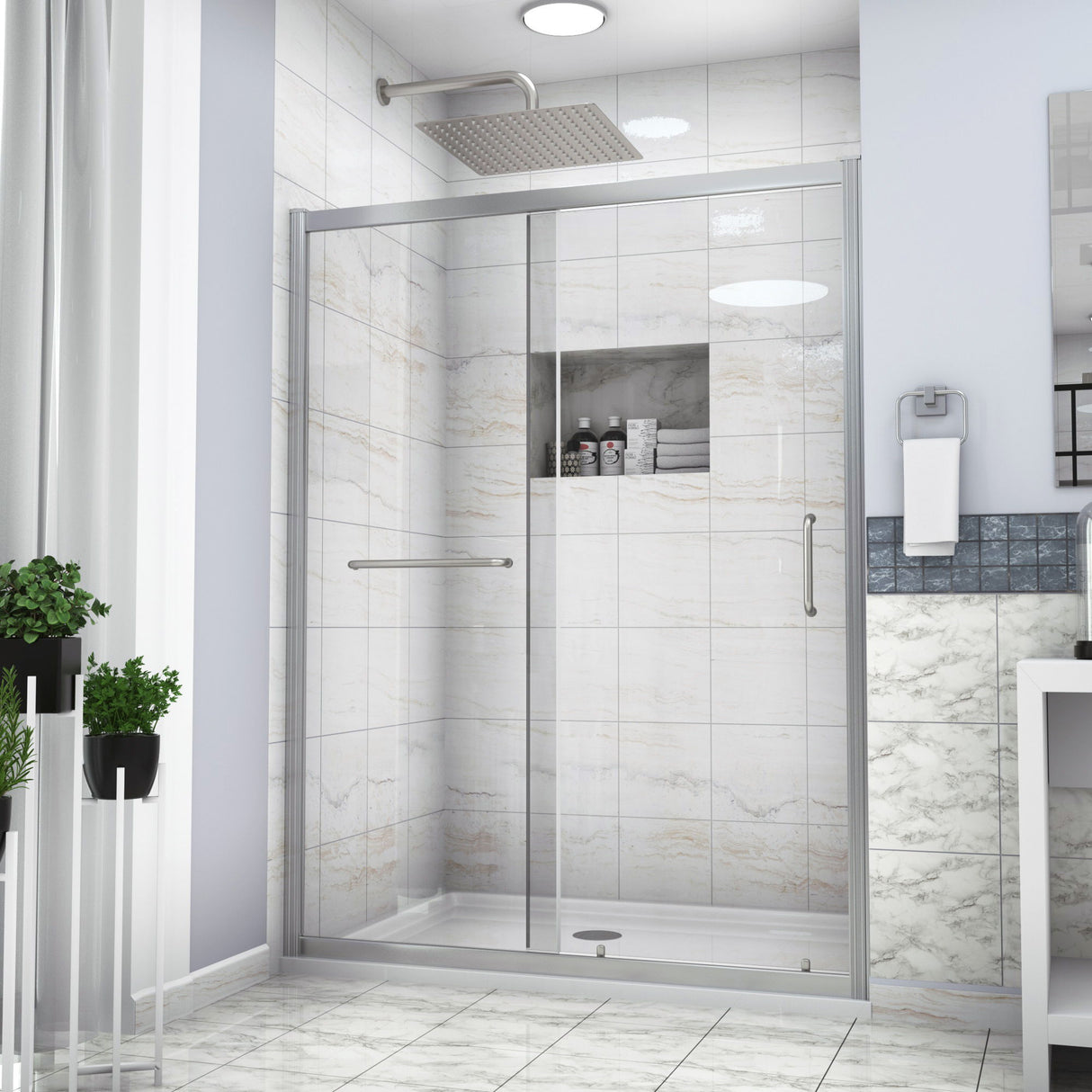 Single Sliding Bypass Shower Enclosure, Tempered Glass - Chrome