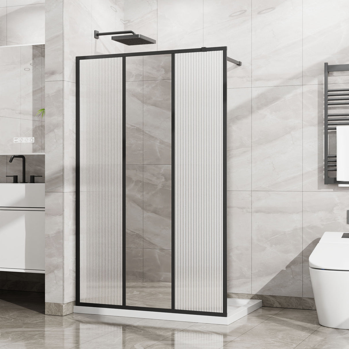 Shower Door With Center Mirror And Fluted Panels