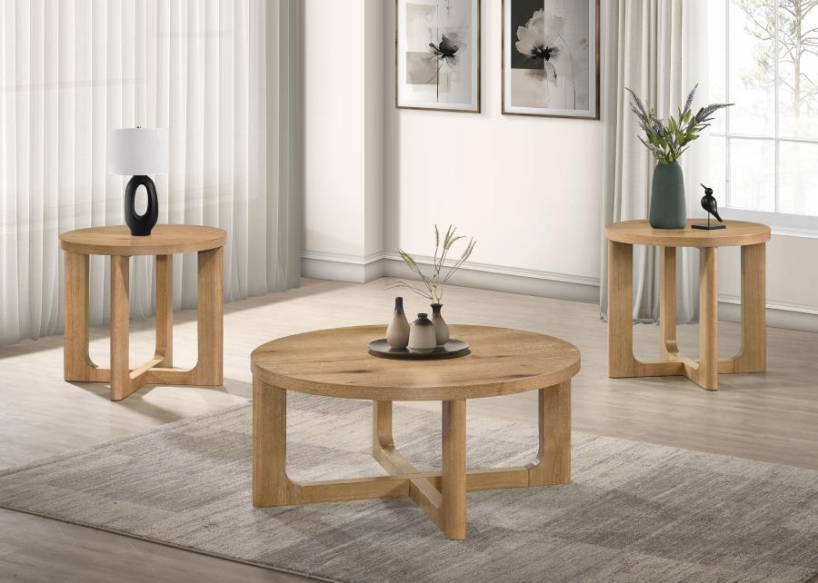Kessler 3-piece Round Sculptural Wood Coffee Table Set Light Oak - 735988-S3