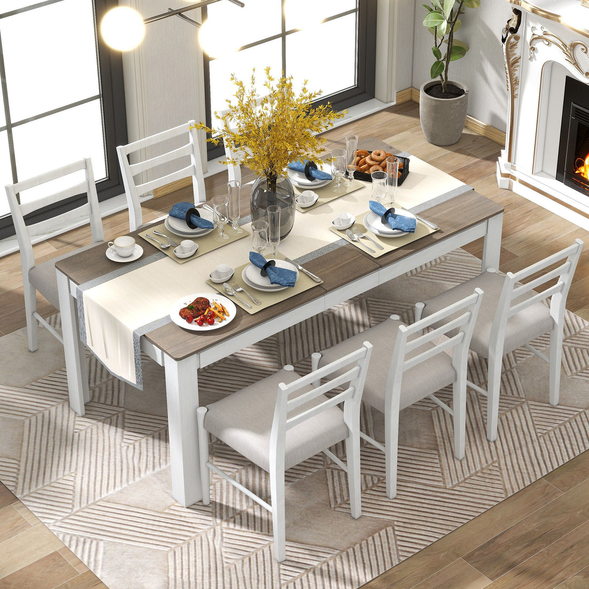 7 Piece Dining Set With Extendable Table, 2 Drawers & 6 Upholstered Chairs