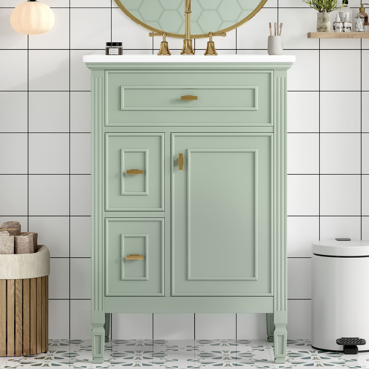 Bathroom Vanity With Sink, Flip Drawer, 2 Drawers, Adjustable Shelf, Freestanding - Green