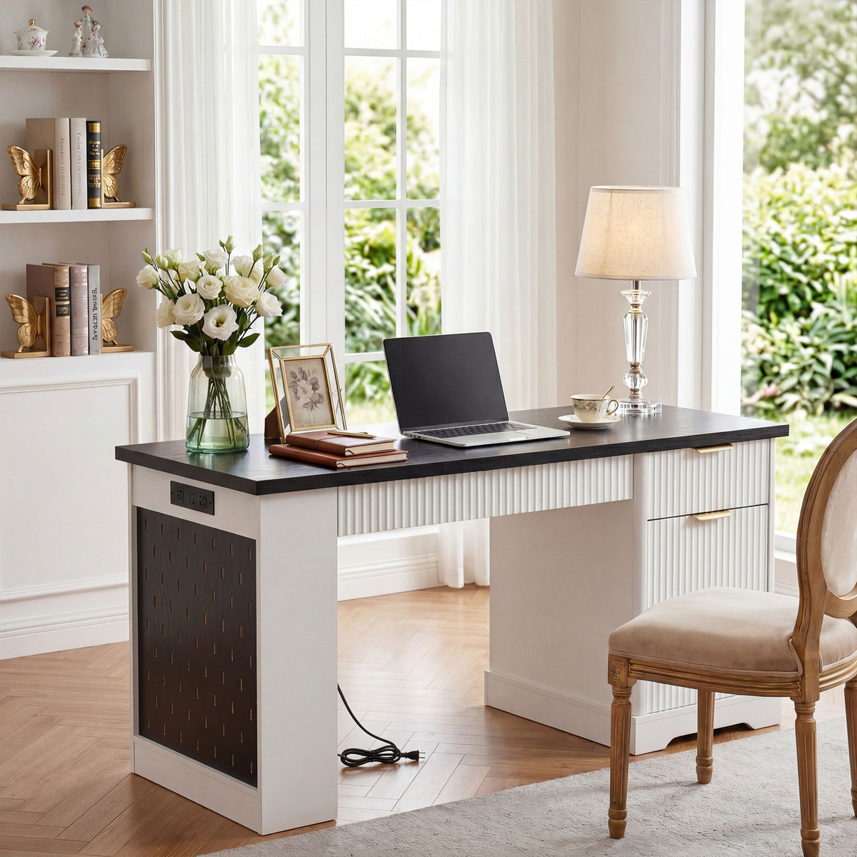 Fluted Office Desk With Storage Cabinet, Drawers, Power Outlet, Pegboard & Keyboard Tray - White