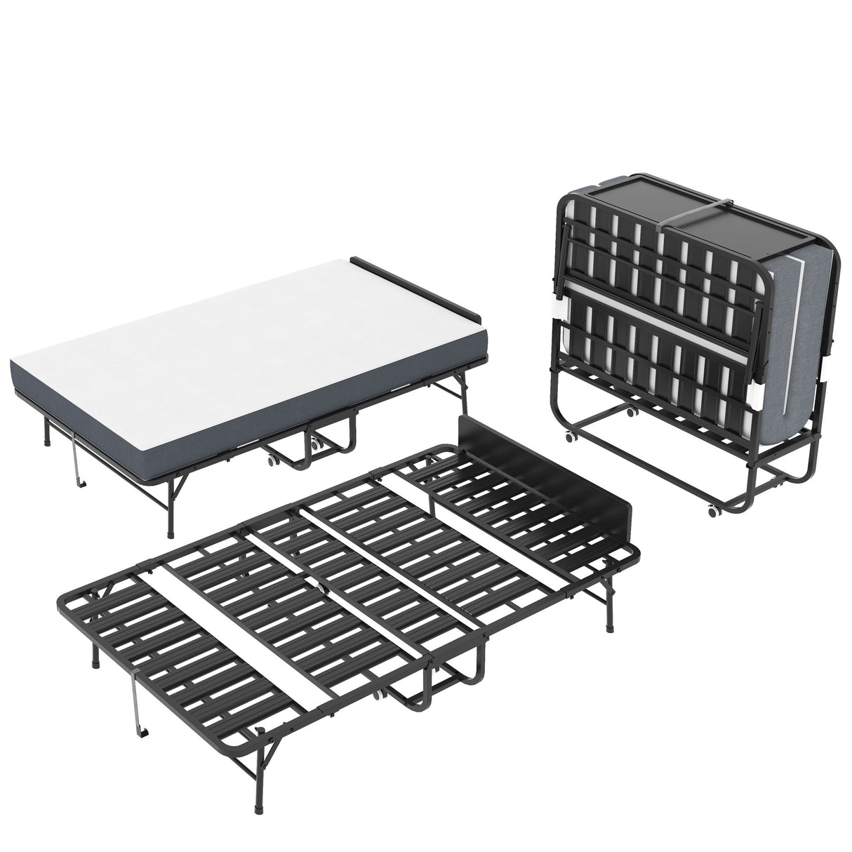 Twin Extra Long Folding Bed With Adjustable Headboard, Cot With Memory Foam Mattress - Black