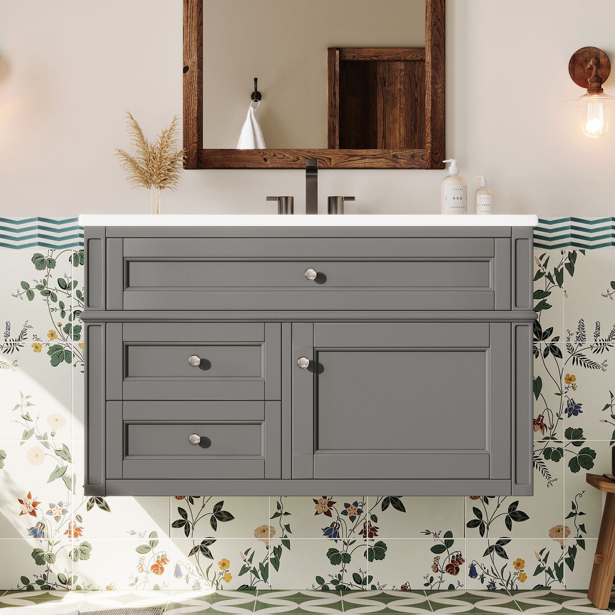 Modern Wall Mounted Floating Cabinet With Double Drawer And Sink