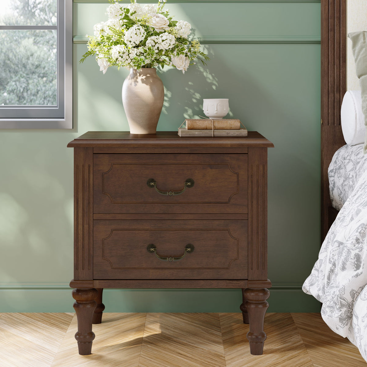Fluted Nightstand With 2 Drawers, Bedside Table