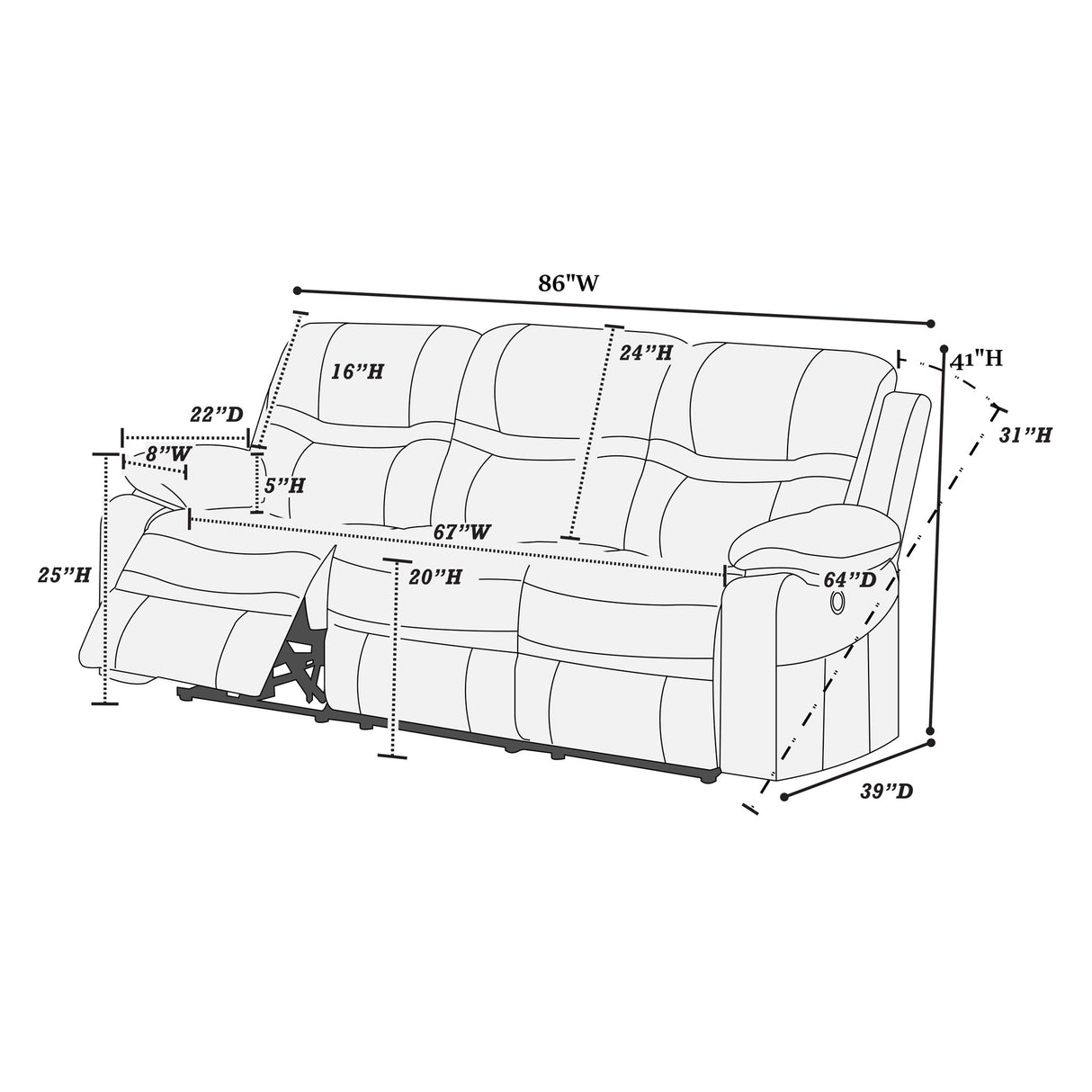 Modern Contemporary Power Reclining Sofa With USB Port