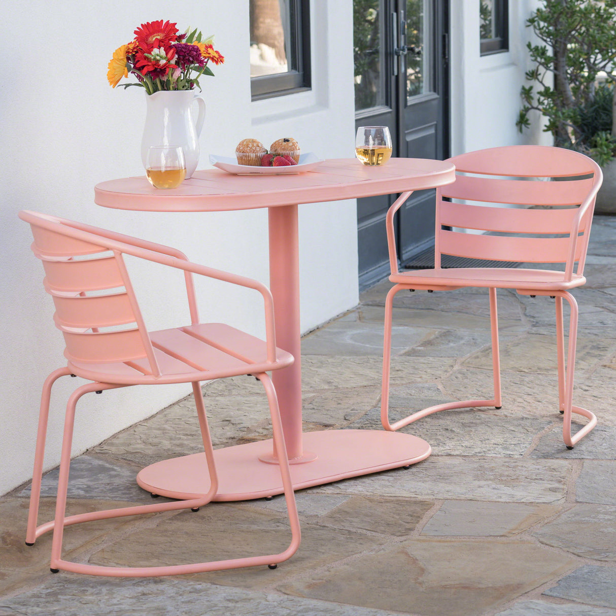 3 Piece Elegant Outdoor Bistro Set With 2 Chairs And Oval Table