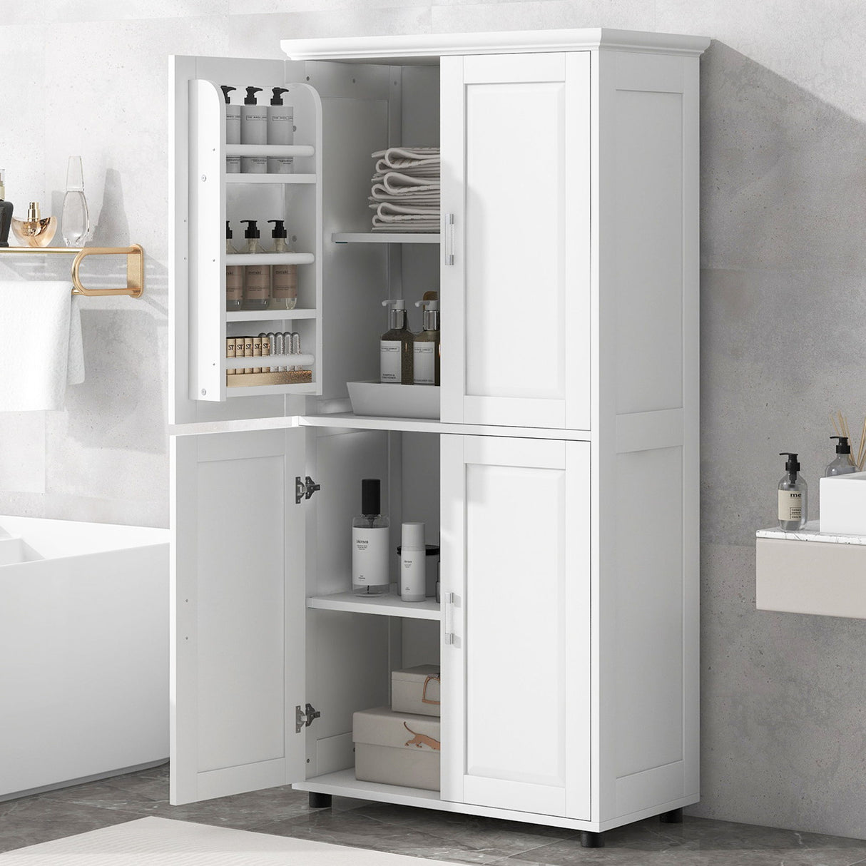 Tall And Wide Bathroom Floor Storage Cabinet With 4 Doors, Adjustable Shelves - White