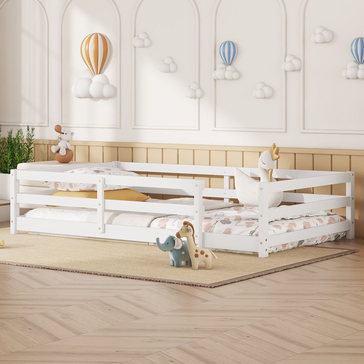 Twin Size Montessori Floor Bed With Fence - White