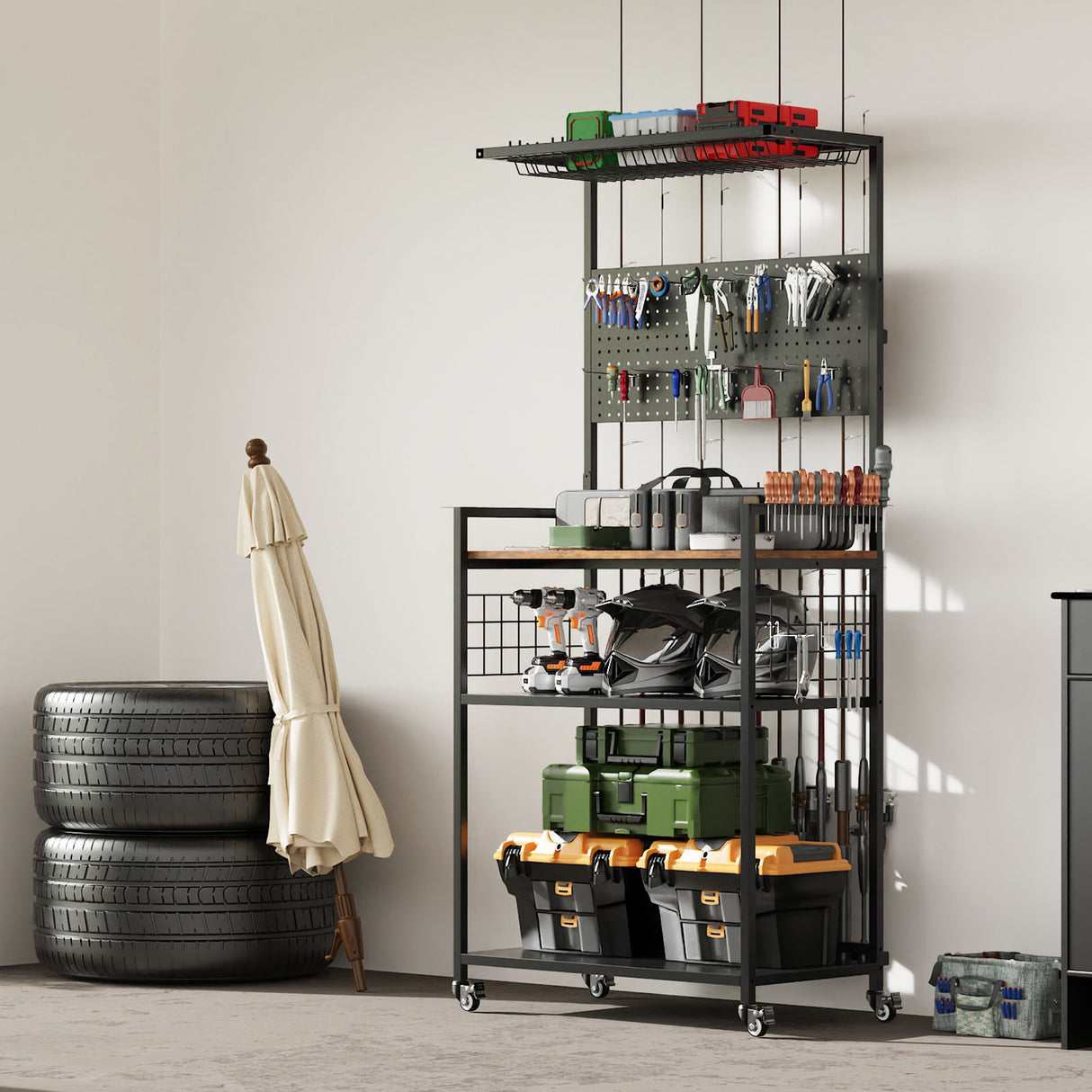 Fishing Rod Storage Rack With Pegboard, Rolling Tackle Organizer Cart - Black