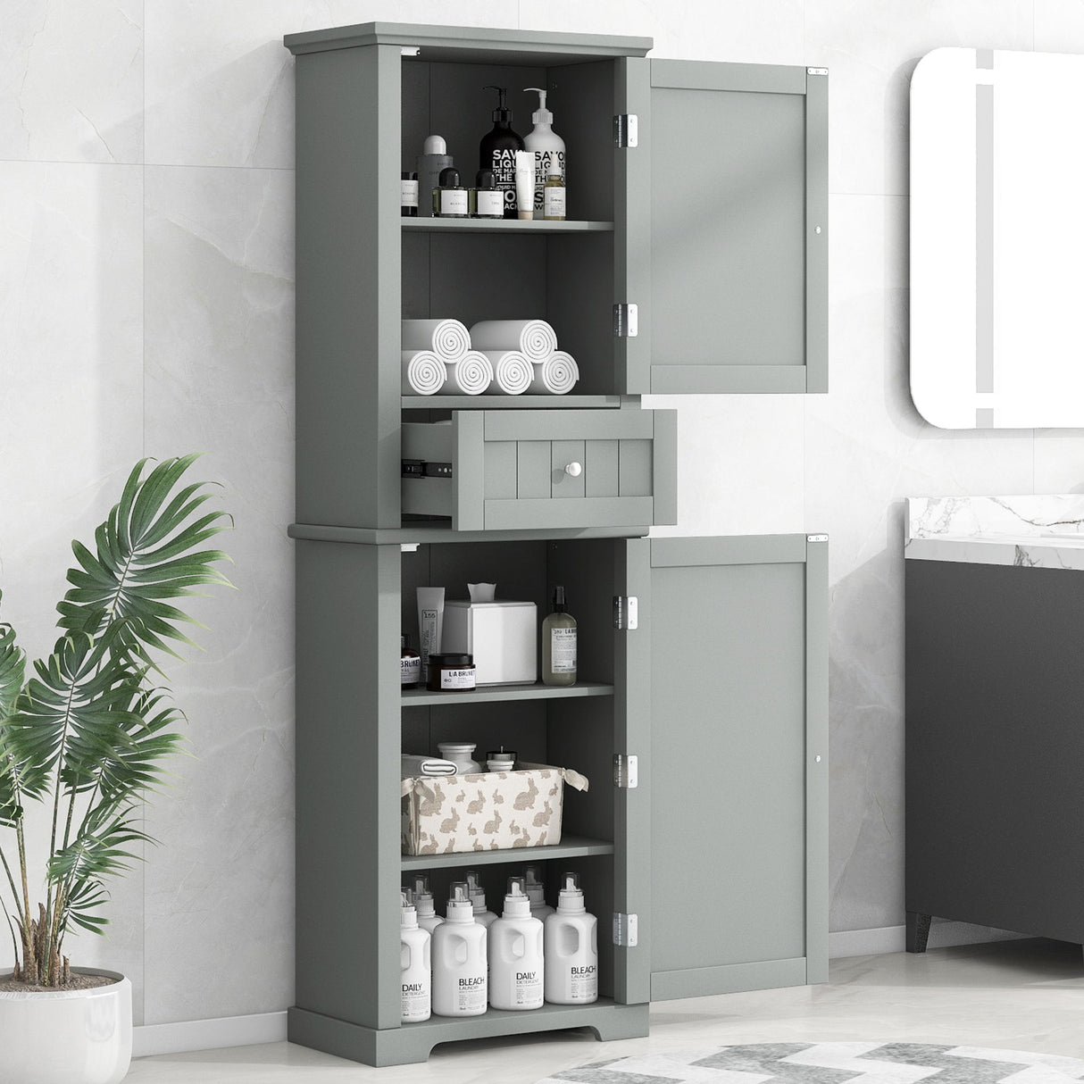 Tall Freestanding Bathroom Storage Cabinet With Drawer And Adjustable Shelf