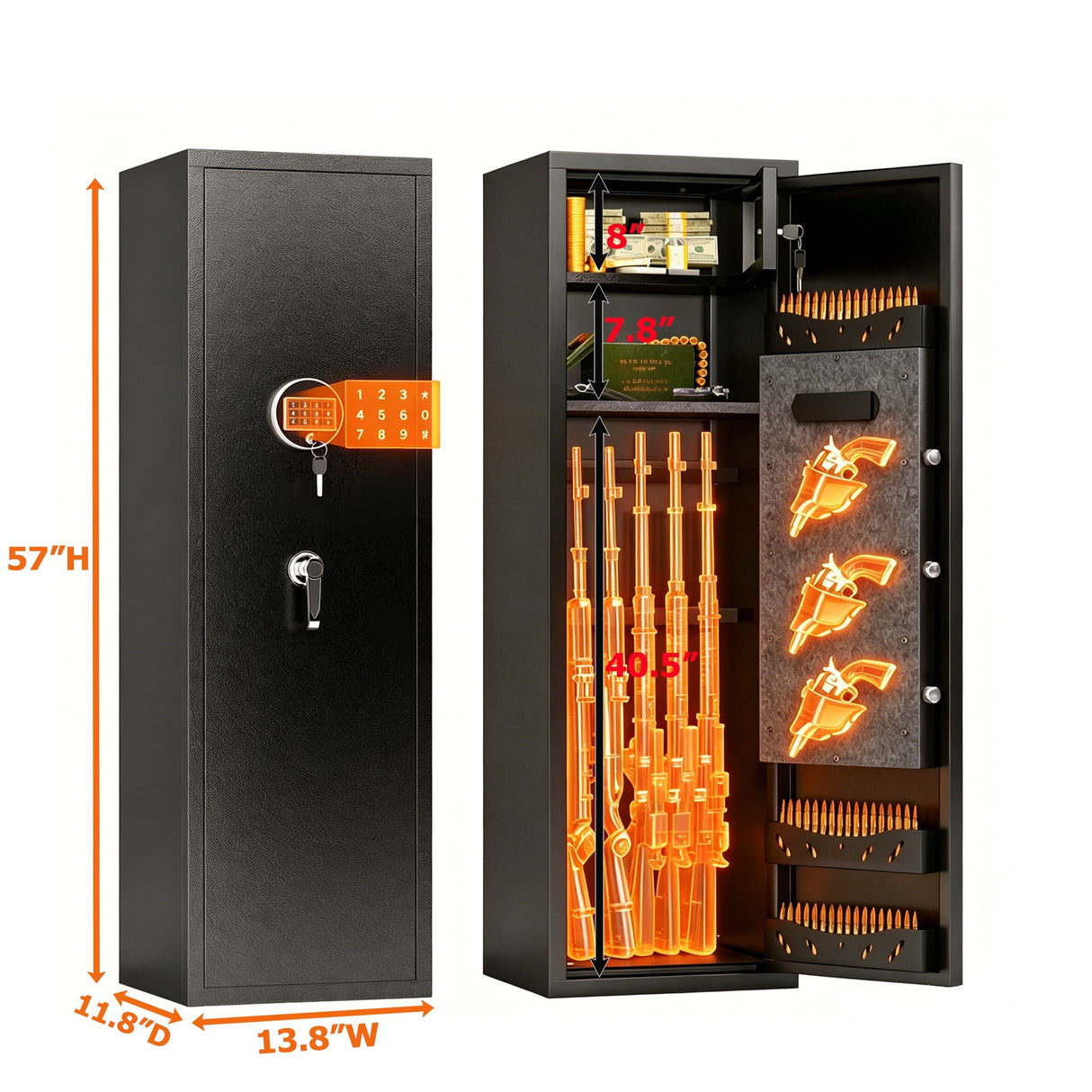 High Large Capacity Mechanical Gun Safe For Rifles & Handguns, Digital Password Lock, Built In Independent Lock Box, Adjustable Shelves - Black