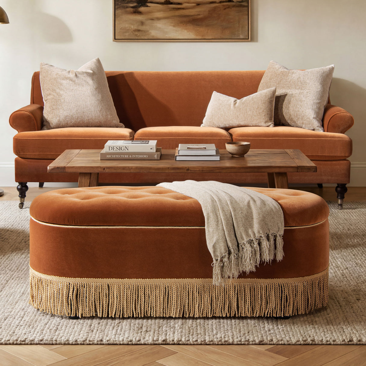 Melinda - Oval Tufted Bullion Fringe Storage Bench
