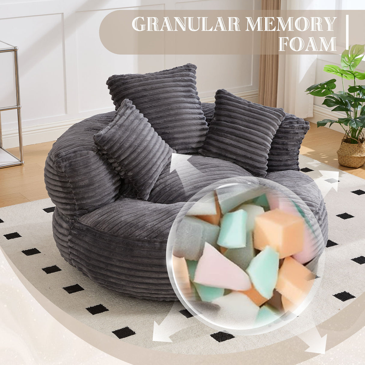 Oversized Bean Bag Chair With 3 Pillows & Armrest - Dark Gray
