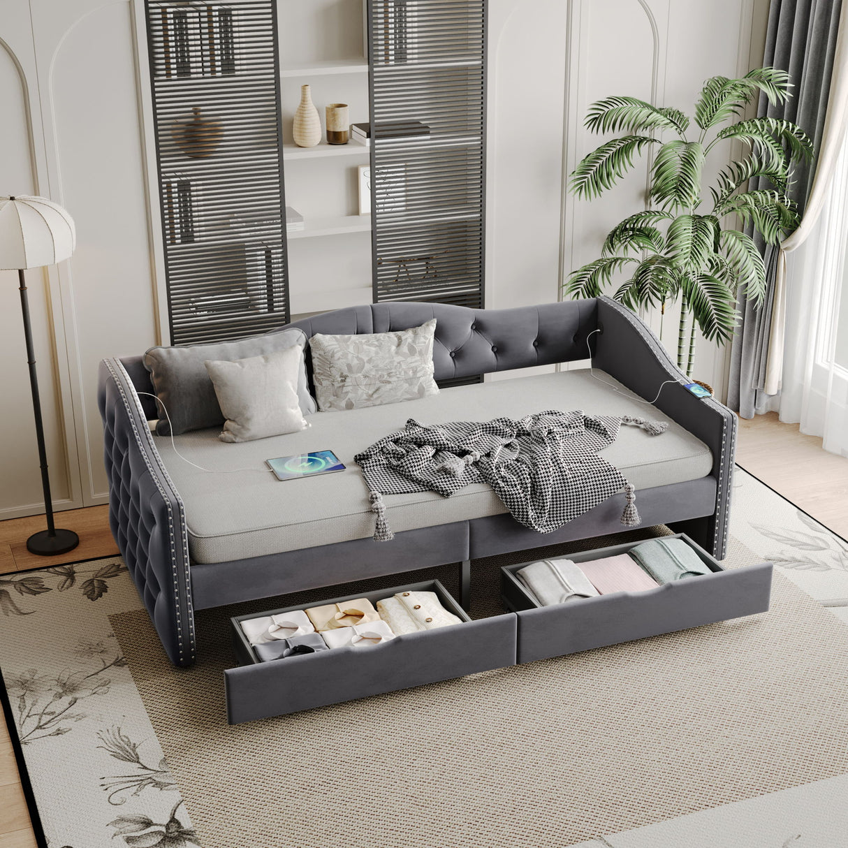 Full Size Bed Frame, Upholstered Cloud Bed Frame With Headboard, 2 Storage Drawers And 2 USB Charging Design, No Box Spring Needed - Gray