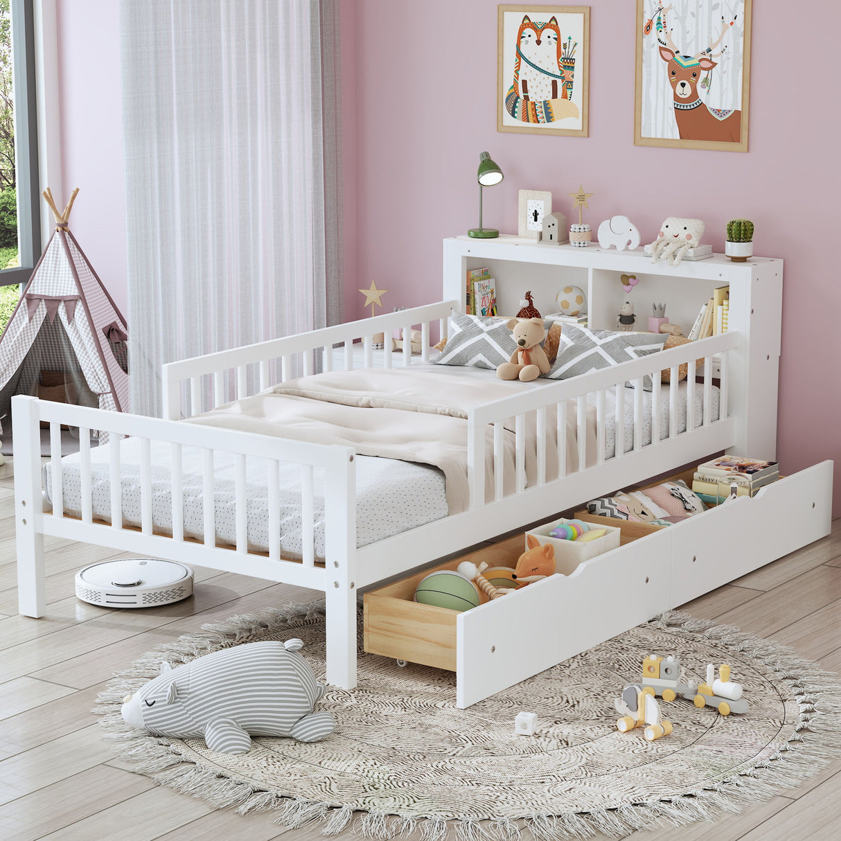 Bed With Headboard Storage Rack, 2 Under Bed Drawers, 3 Side Guardrails For Safety