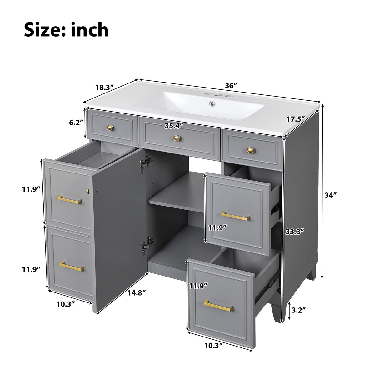 Bathroom Vanity With Ceramic Sink, Soft Close Doors, Adjustable Shelves