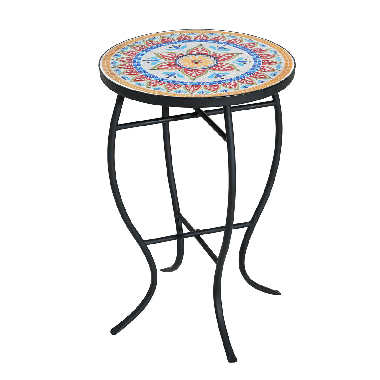 Outdoor Round Side Table With Mosaic Style Top And Curved Iron Legs