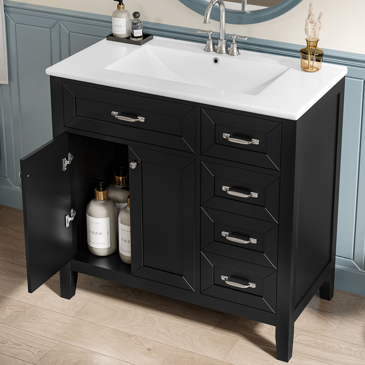 Modern Bathroom Vanity With Sink, Freestanding Design With Drawers And Doors