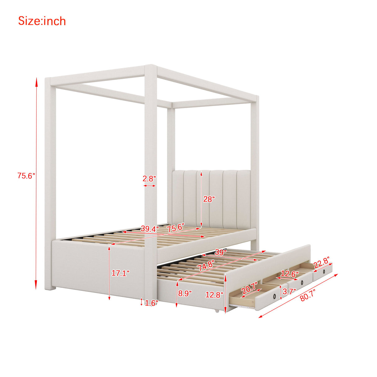 Upholstery Canopy Platform Bed With Trundle And Three Storage Drawers