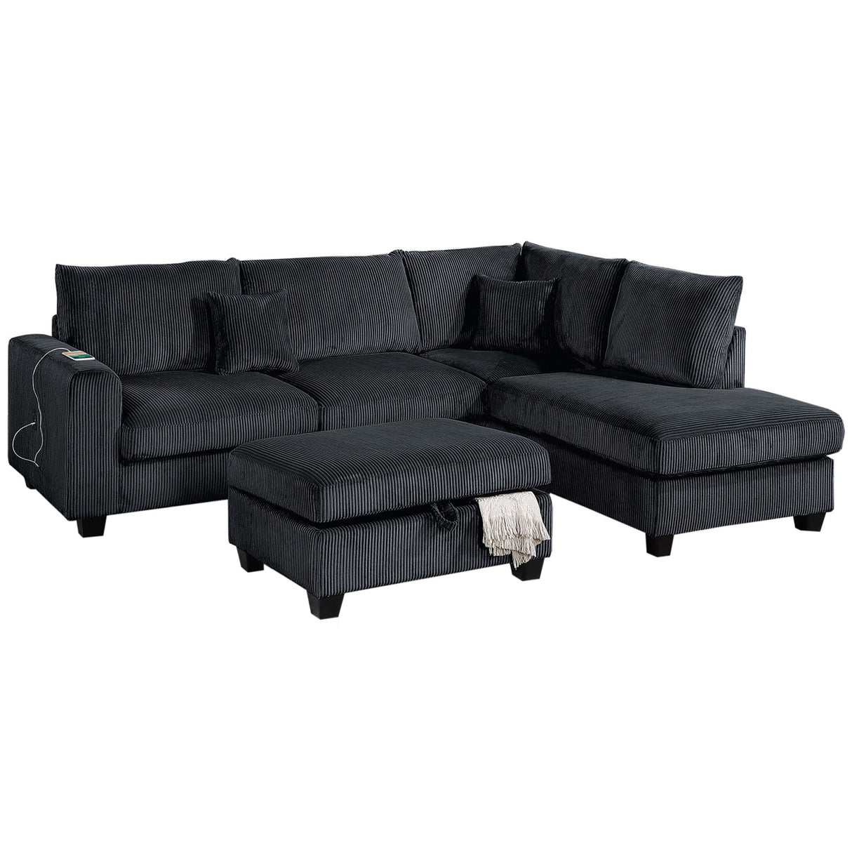 Modern Style Sectional Set With USB Port, Storage Ottoman