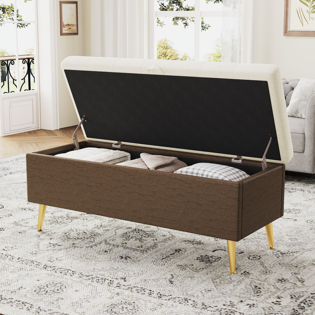Modern Tufted Storage Ottoman Bench With Metal Legs