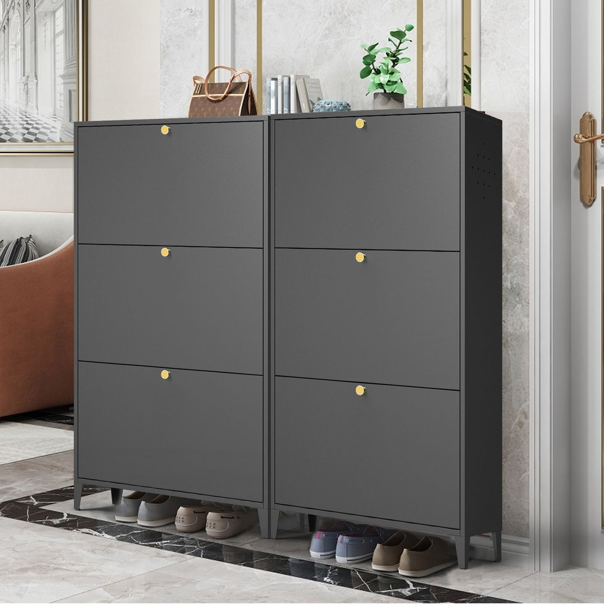 3 Drawer All Steel Shoe Cabinet, Freestanding Storage Organizer With Flip Door