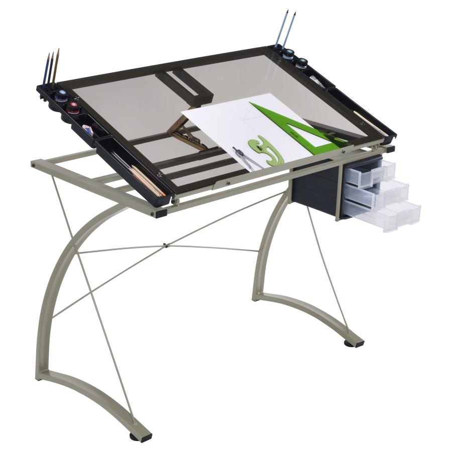 Melo 41-inch Glass Top Drafting Table with Storage Silver - 800986