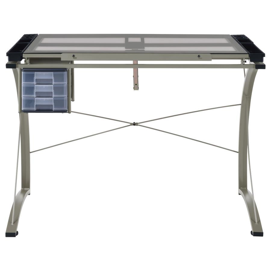 Melo 41-inch Glass Top Drafting Table with Storage Silver - 800986